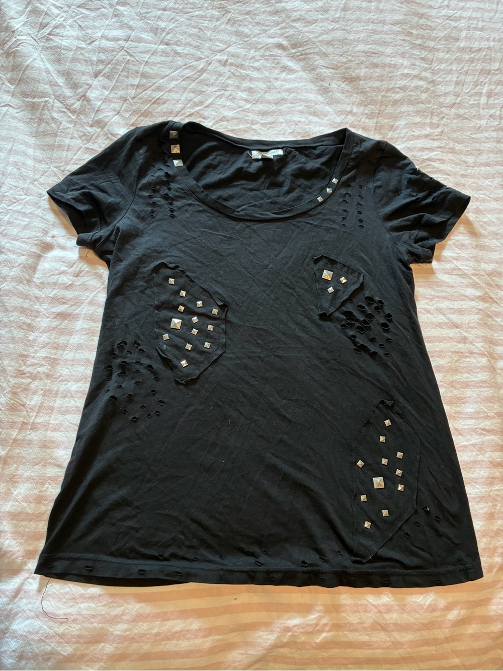 Black Studded Scoop-Neck Short Sleeve Tee